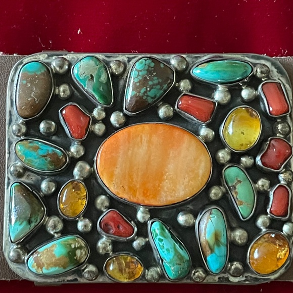 Spectacular Sterling Silver Concho Belt full of Turquoise, Coral, Amber and more - Picture 2 of 12